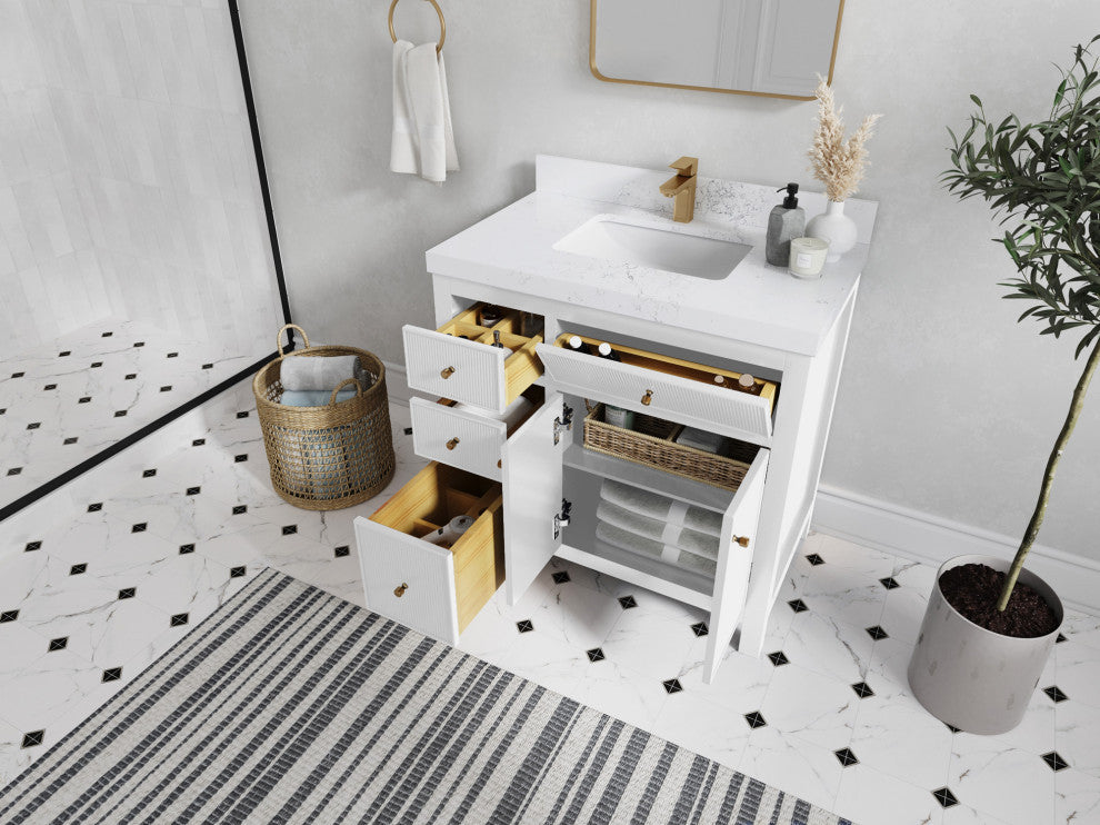 Sonoma 36 Center Sink Reeded Bath Vanity in White 2" White Quartz