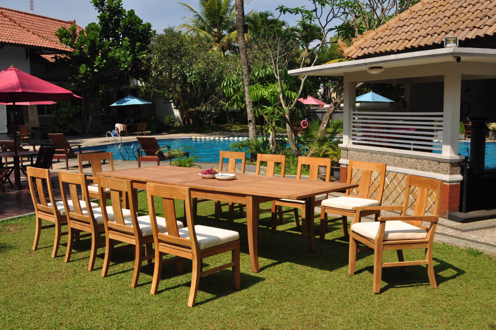 11-Piece Outdoor Teak Dining Set, 122" X-Large Rectangle Table, 10 Osbo Chairs