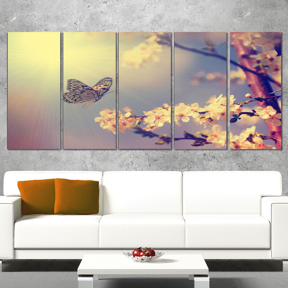 Vintage Butterfly and Cherry Tree, Large Floral Canvas Print, 60"x28", 5 Panels