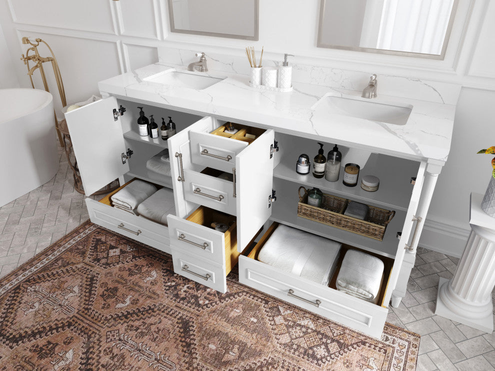 Aberdeen 72 Double Sink Bath Vanity in White 2" Carrara Marble