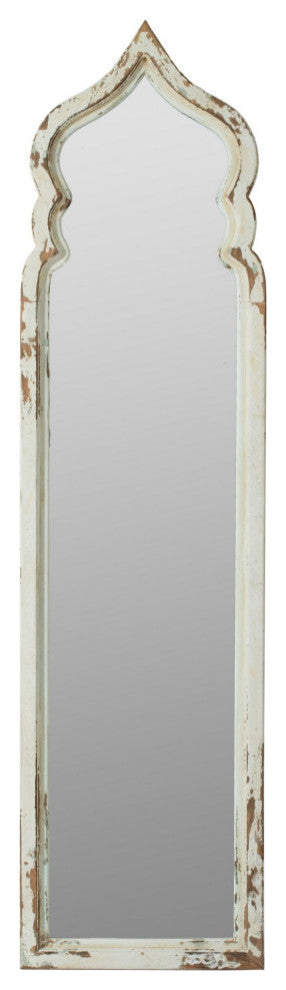 73 Inch Floor Mirror with Ornate Sculpted Top, Fir Wood, Weathered White