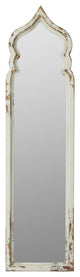 73 Inch Floor Mirror with Ornate Sculpted Top, Fir Wood, Weathered White