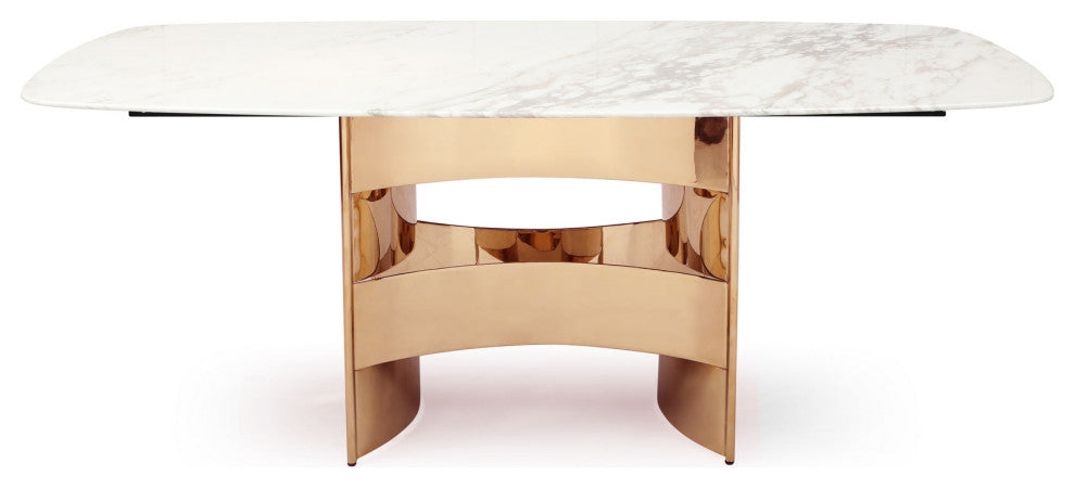 87" White Marble Dining Table, Hollywood Regency Glam Luxe Copper Rosegold Table