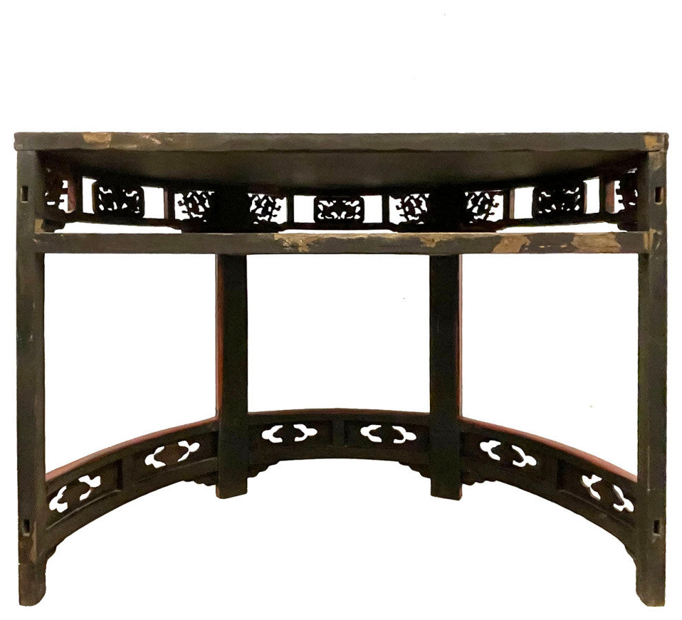 Consigned 19th Century Antique Chinese Carved Red lacquered Half Moon Tables