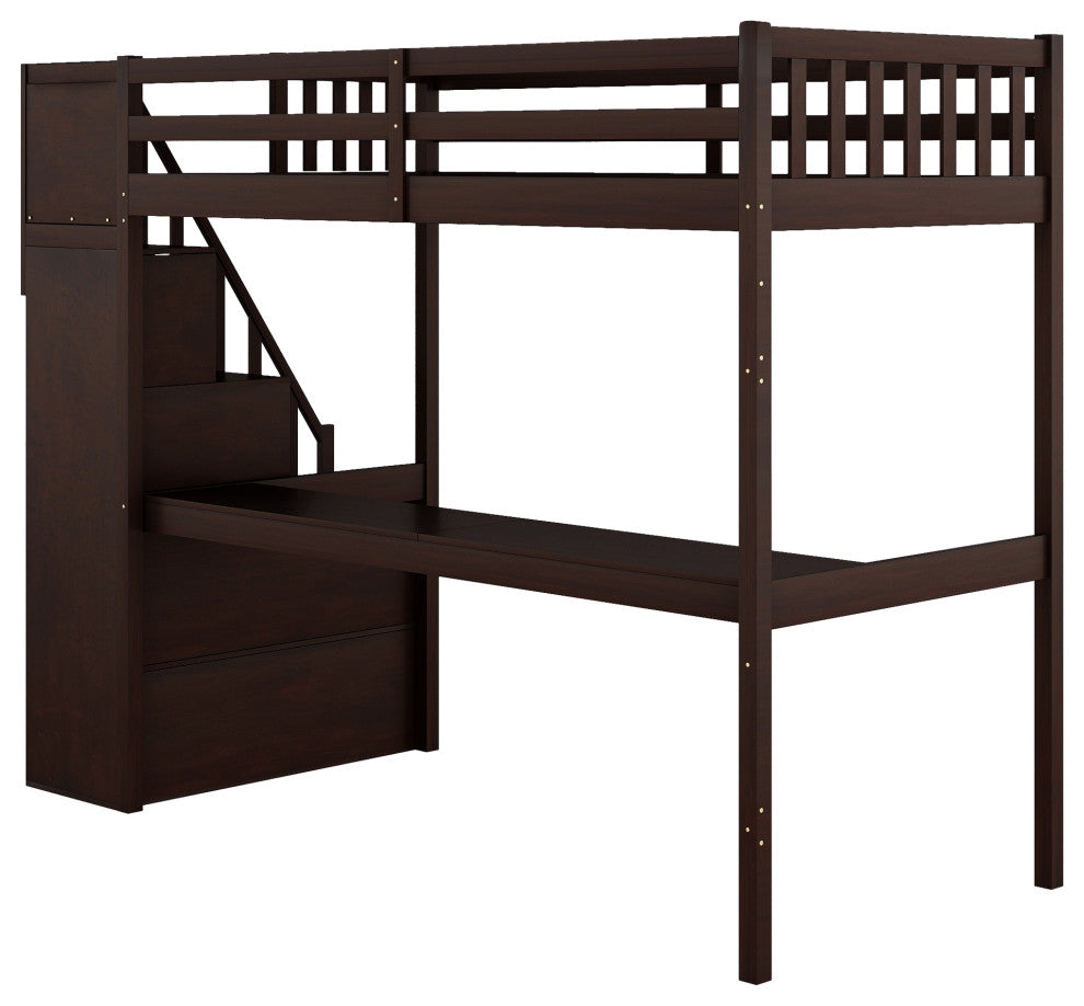 Gewnee Twin Size Loft Bed with Staircase and Built-in Desk in Espresso