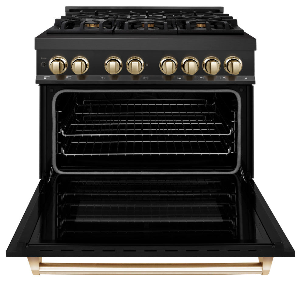 ZLINE 36" Dual Fuel Range, Black Stainless Steel With Gold Accents RABZ-36-G