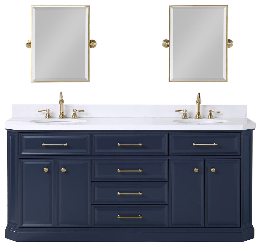 Palace 72 In. Double Sink White Quartz Countertop Vanity with Mirror, Blue