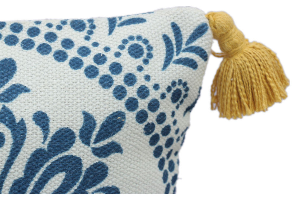 Blue & White Machine Woven with Tassels Budleigh Throw Pillow, 20" x 20"