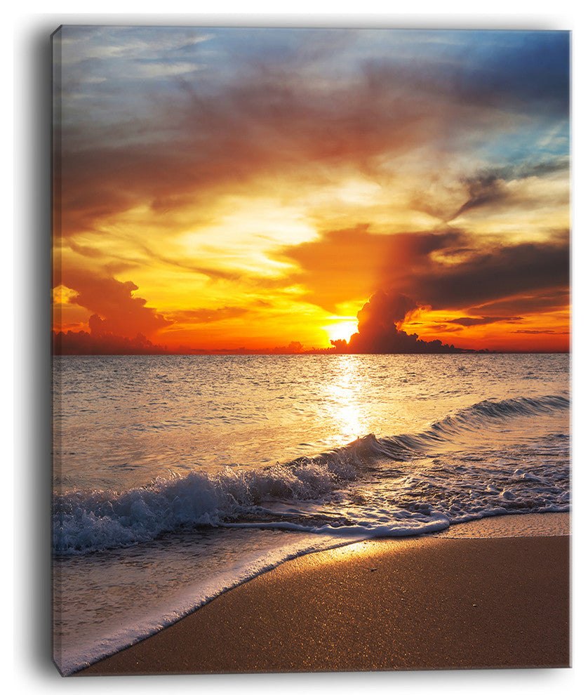 "Yellow Sunset Over Gloomy Beach" Modern Beach Canvas Art Print, 12"x20"