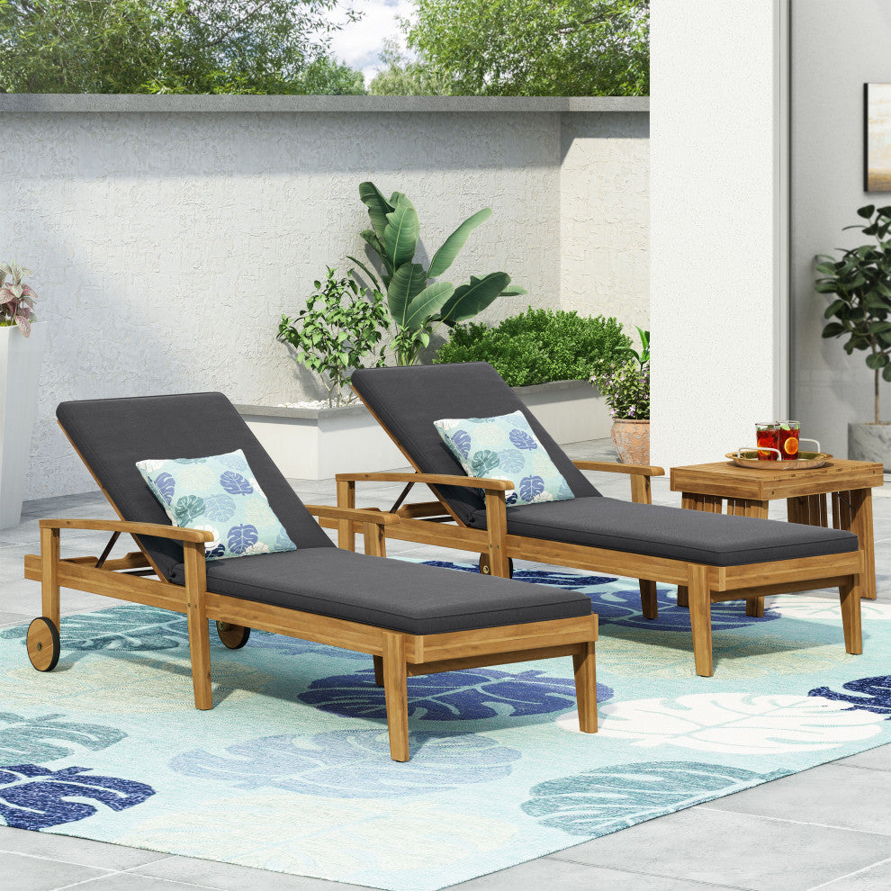Lucknow Outdoor Acacia Wood Chaise Lounge with Water Resistant Cushion, Set of 2, Dark Grey + Teak