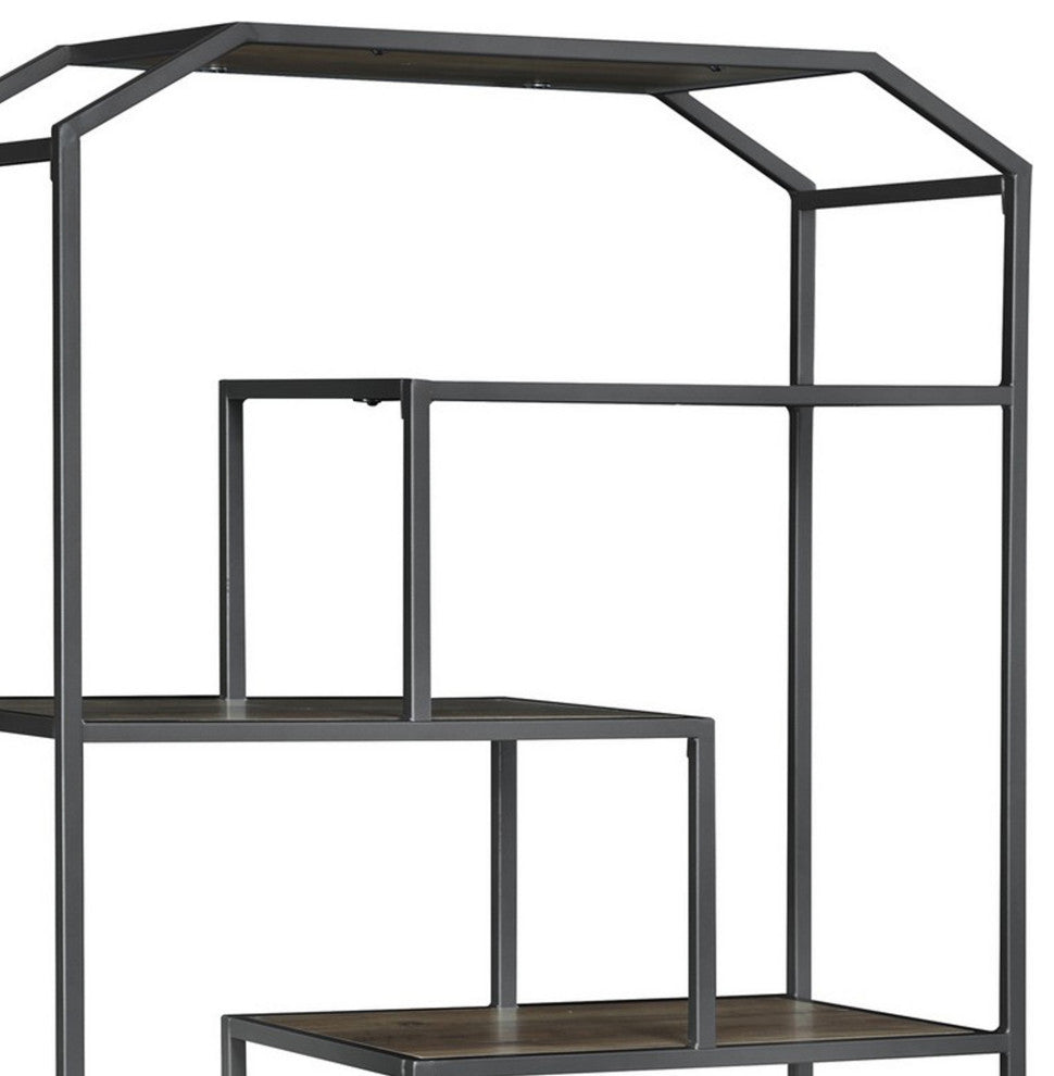 72 Inch Wood Bookcase, Geometric Metal Frame, 7 Shelves, Gray, Brown