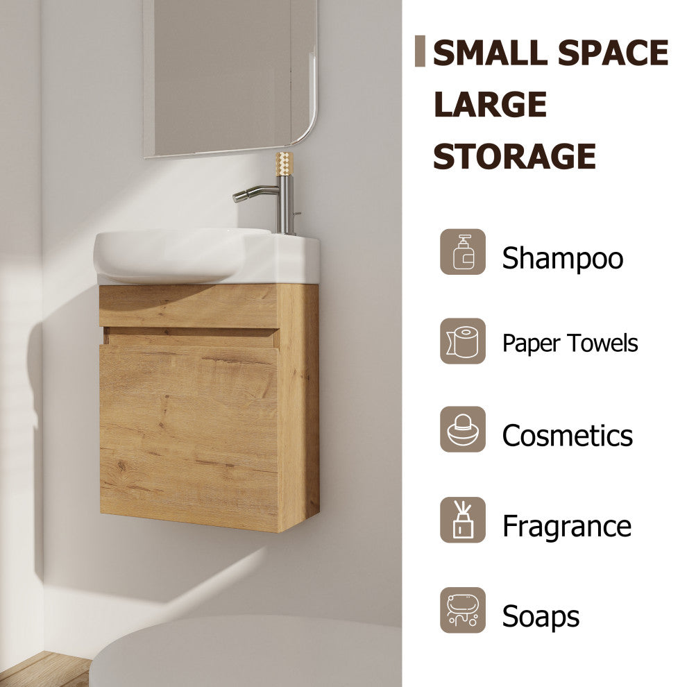 Small Wall-Mounted Plywood Bath Vanity, Imitative Oak, Ceramic Sink