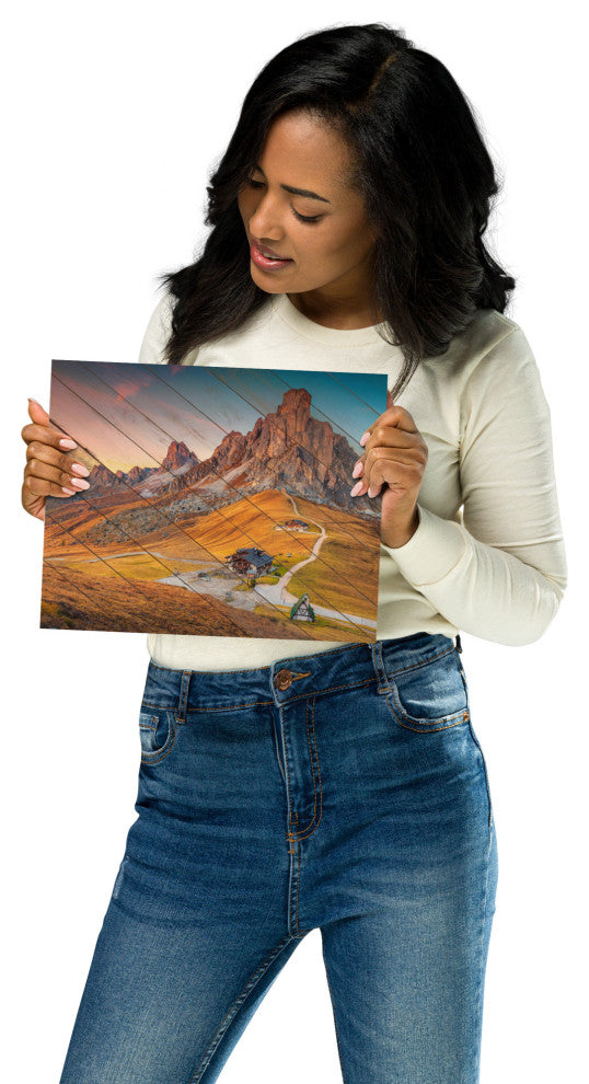 Faux Wood Majestic Sunset & Alpine Mountain Landscape Photo Wall Art Print, 8" X 10"