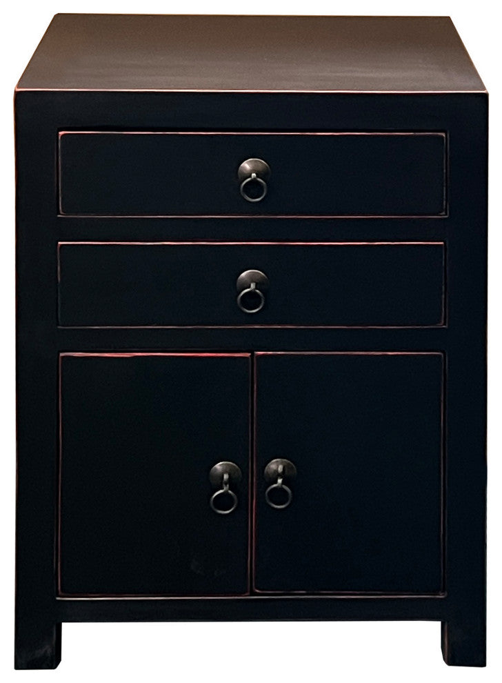 Chinese Oriental Distressed Black 2 Drawers End Table Nightstand Hcs7584