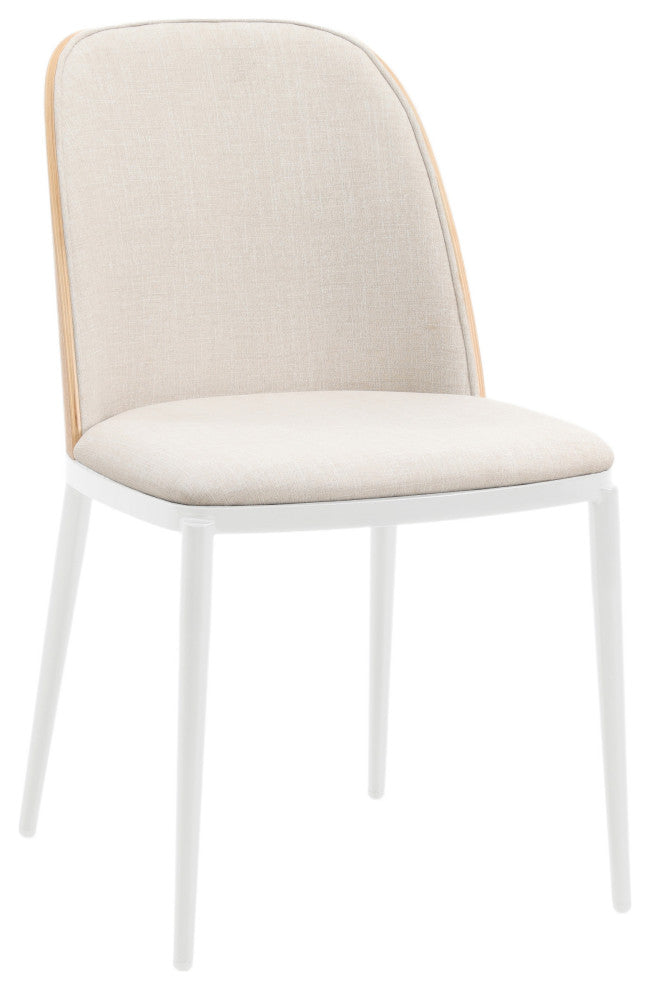 LeisureMod Tule Dining Chair With Upholstered Seat and White Steel Frame, Natural Wood/Beige