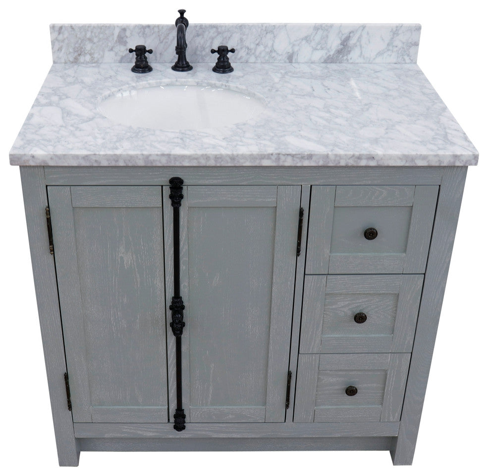 37" Single Vanity, Gray Ash With White Carrara Top, Left Doors/Left Oval Sink