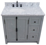 37" Single Vanity, Gray Ash With White Carrara Top, Left Doors/Left Oval Sink