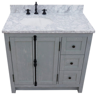 37" Single Vanity, Gray Ash With White Carrara Top, Left Doors/Left Oval Sink