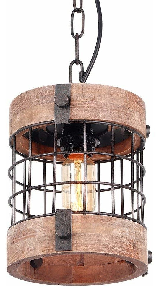 Image showcasing Single Industrial Rustic Pendant Light Fixture, Circular Wood Black Ch