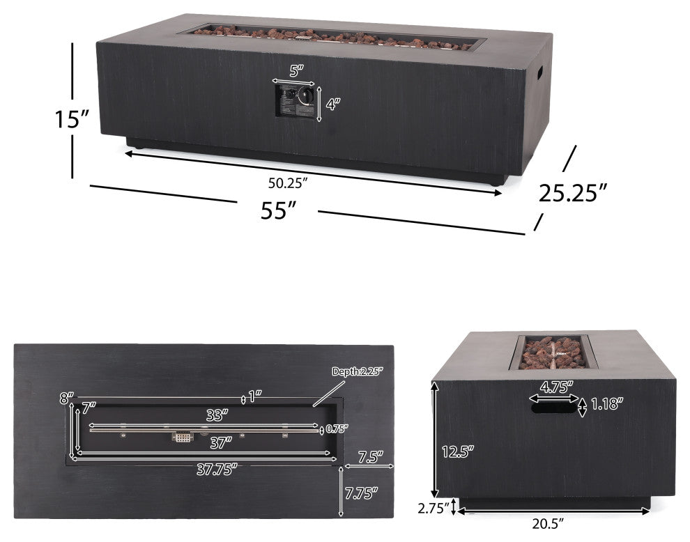 Jasmine Outdoor Iron 50K BTU Rectangular Fire Pit Table, Brushed Black