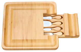 Handi Bamboo Cheese Serving Board Table Set With 4 Stainless Steel Knives