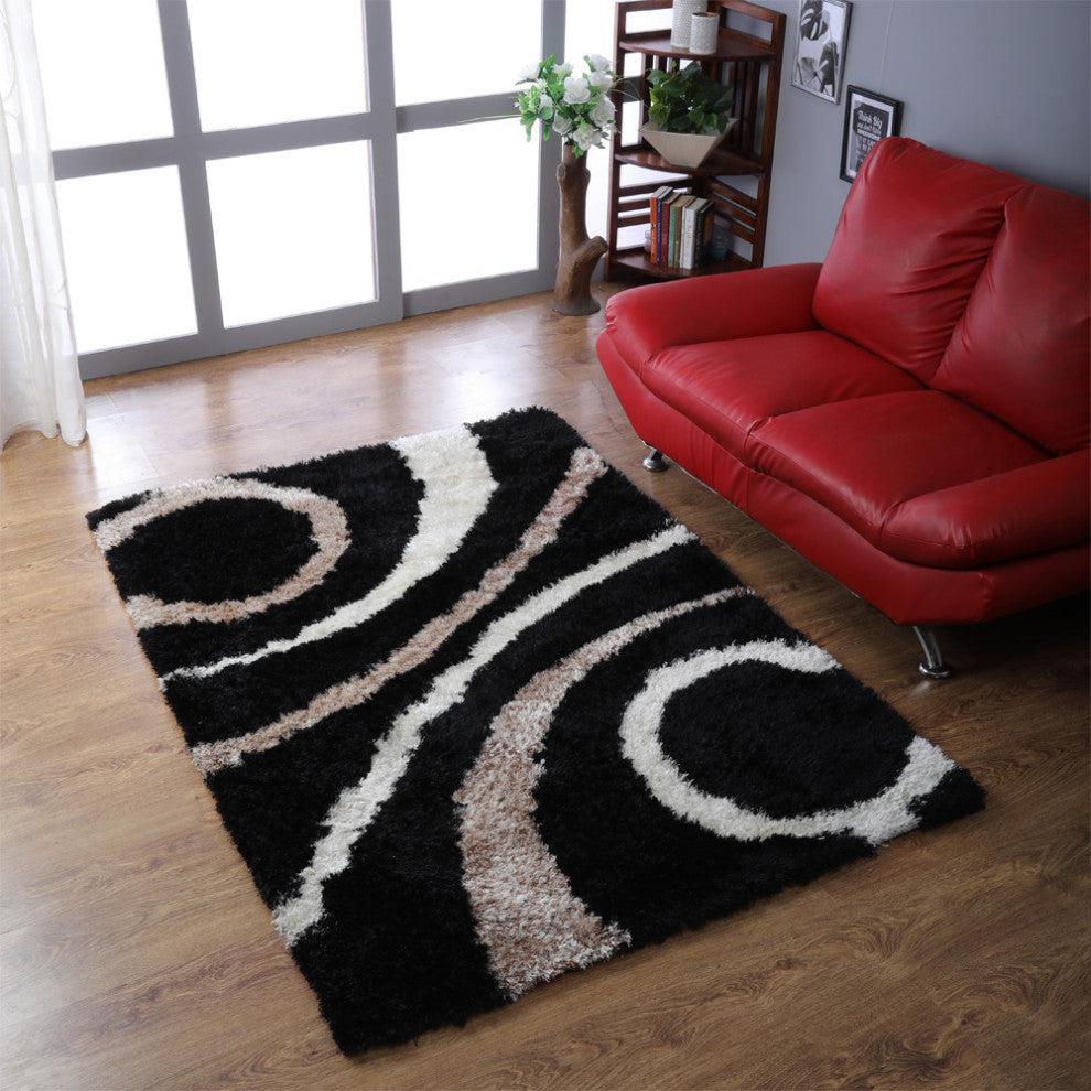 Hand Tufted Shag Polyester Area Rug Geometric Black, [Rectangle] 10'x13'
