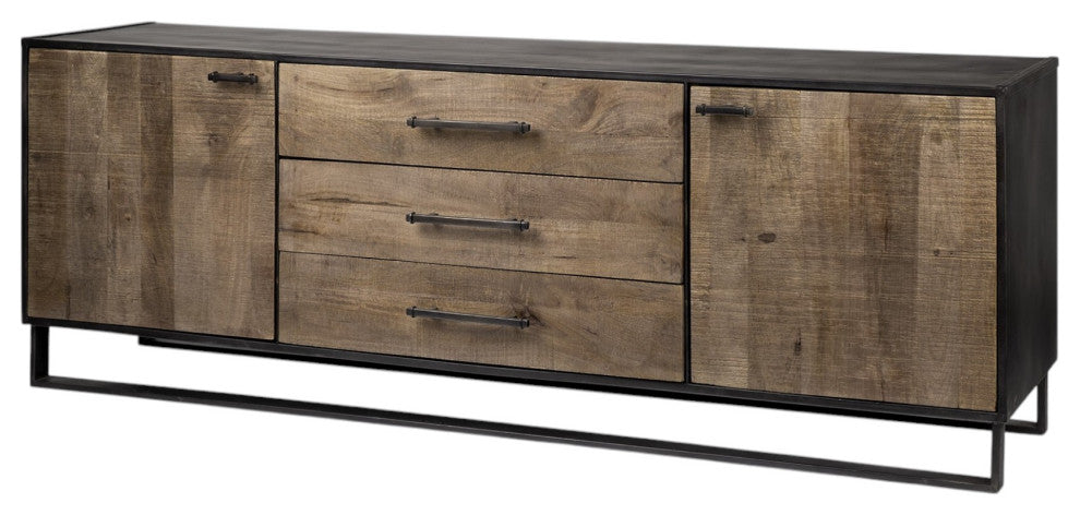 82" Brown and Black Solid Wood Three Drawer Sideboard With 2-Doors