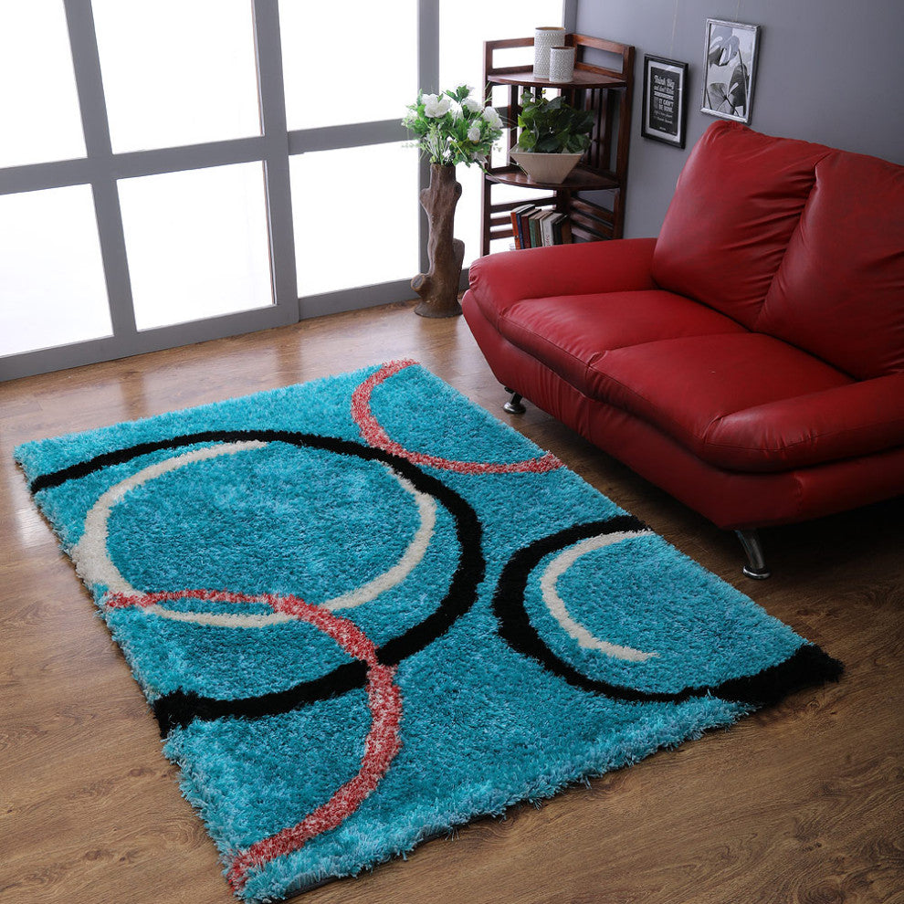 Hand Tufted Shag Polyester Area Rug Geometric Turquoise K00021, [Rectangle] 8'x10'
