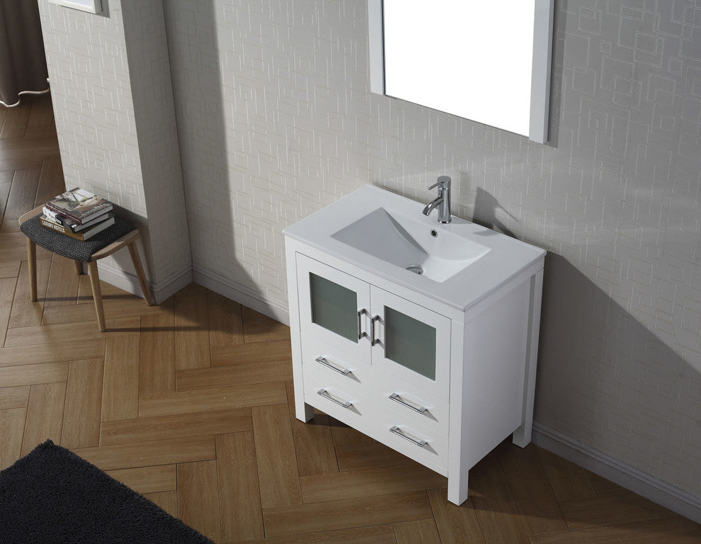 Dior 32" Single Bathroom Vanity, White, White Ceramic, Brushed Nickel Faucet