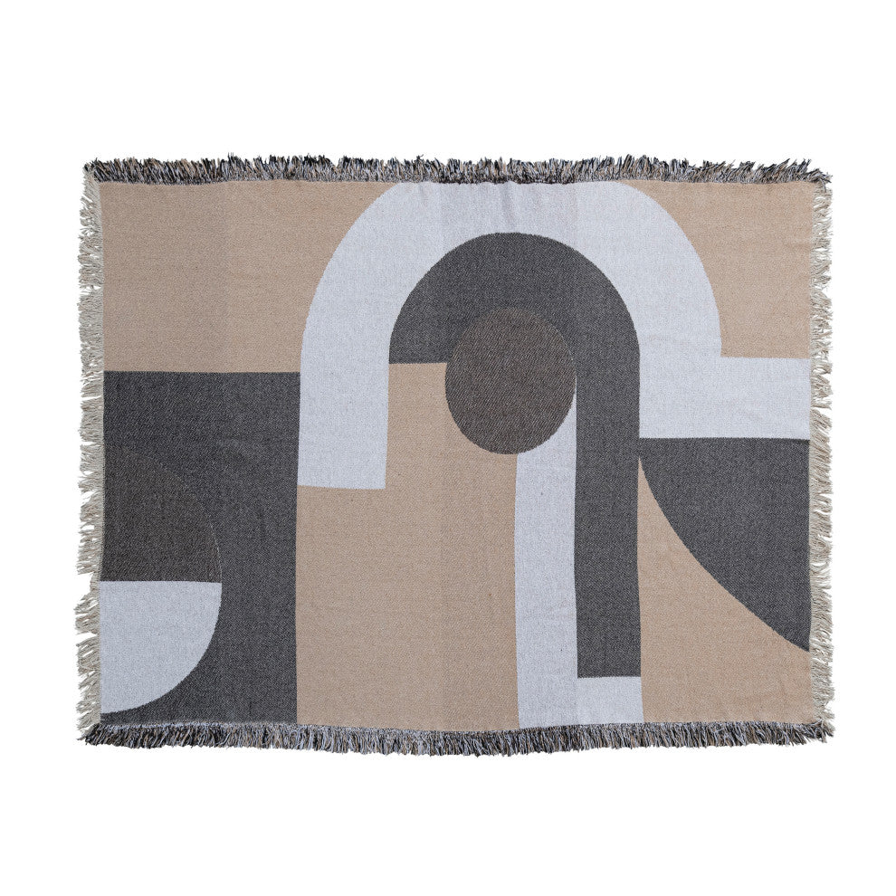 Modern Recycled Cotton Throw Blanket with Print and Fringe, Multicolor
