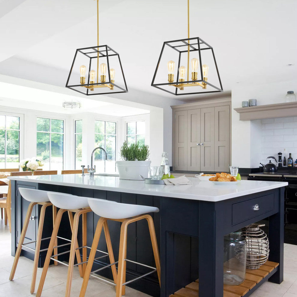 Lloyd 4-Light Industrial Iron LED Pendant, Black/Brass Gold, Width: 15"