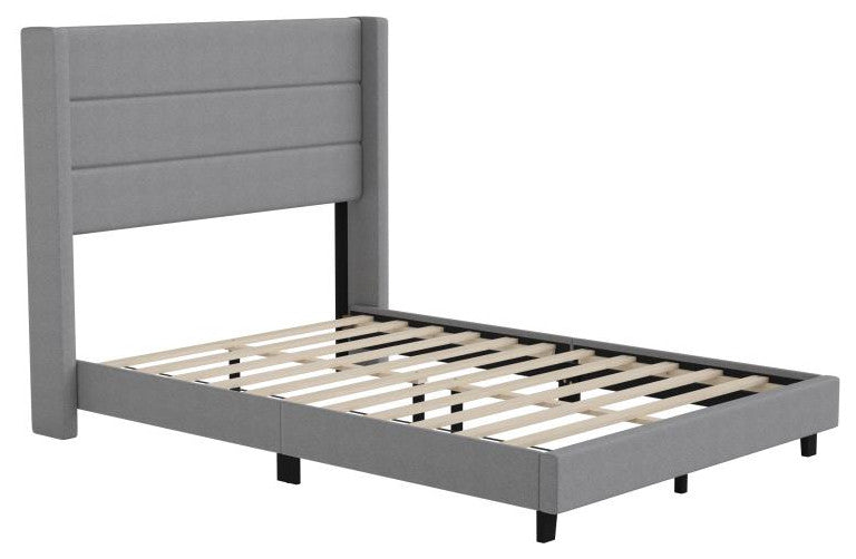 Hollis Upholstered Platform Bed with Wingback Headboard w/Mattress Foundation, Gray, Full