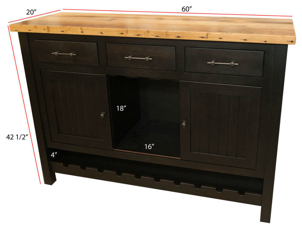 Wine Buffet Cabinet, 20x60, Reclaimed Top, Brown Maple Wood