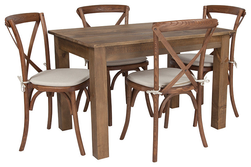 46" x 30" Antique Rustic Farm Table Set with 4 Cross Back Chairs and Cushions