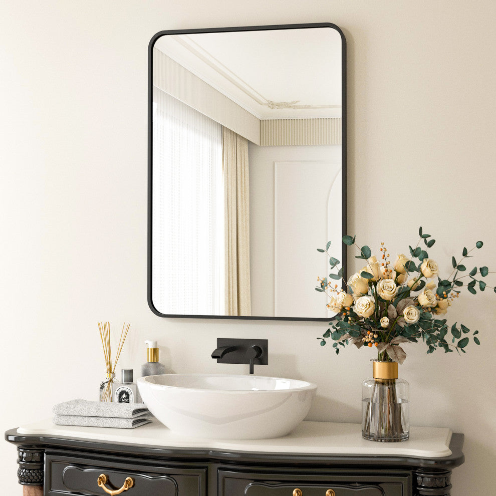 Easly Rectangular Aluminum Alloy Framed Rounded Wall Mirror, Black, 26*38
