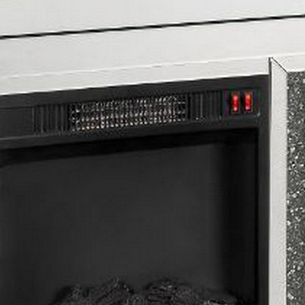 Benzara BM251370 Electric Fireplace With Mirror Panel & Faux Diamonds, Silver