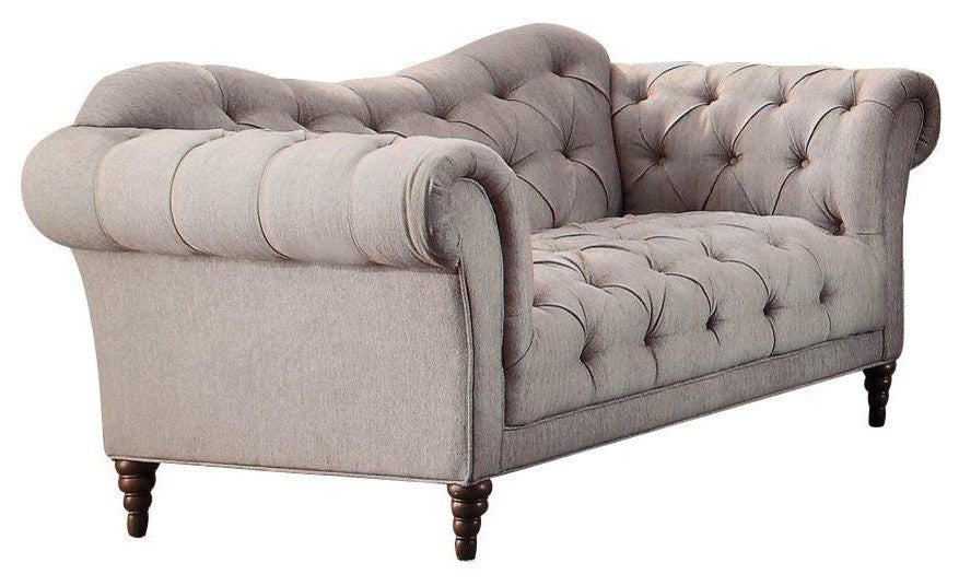 Stella French Button Tufted Love Seat, Neutral Beige Fabric