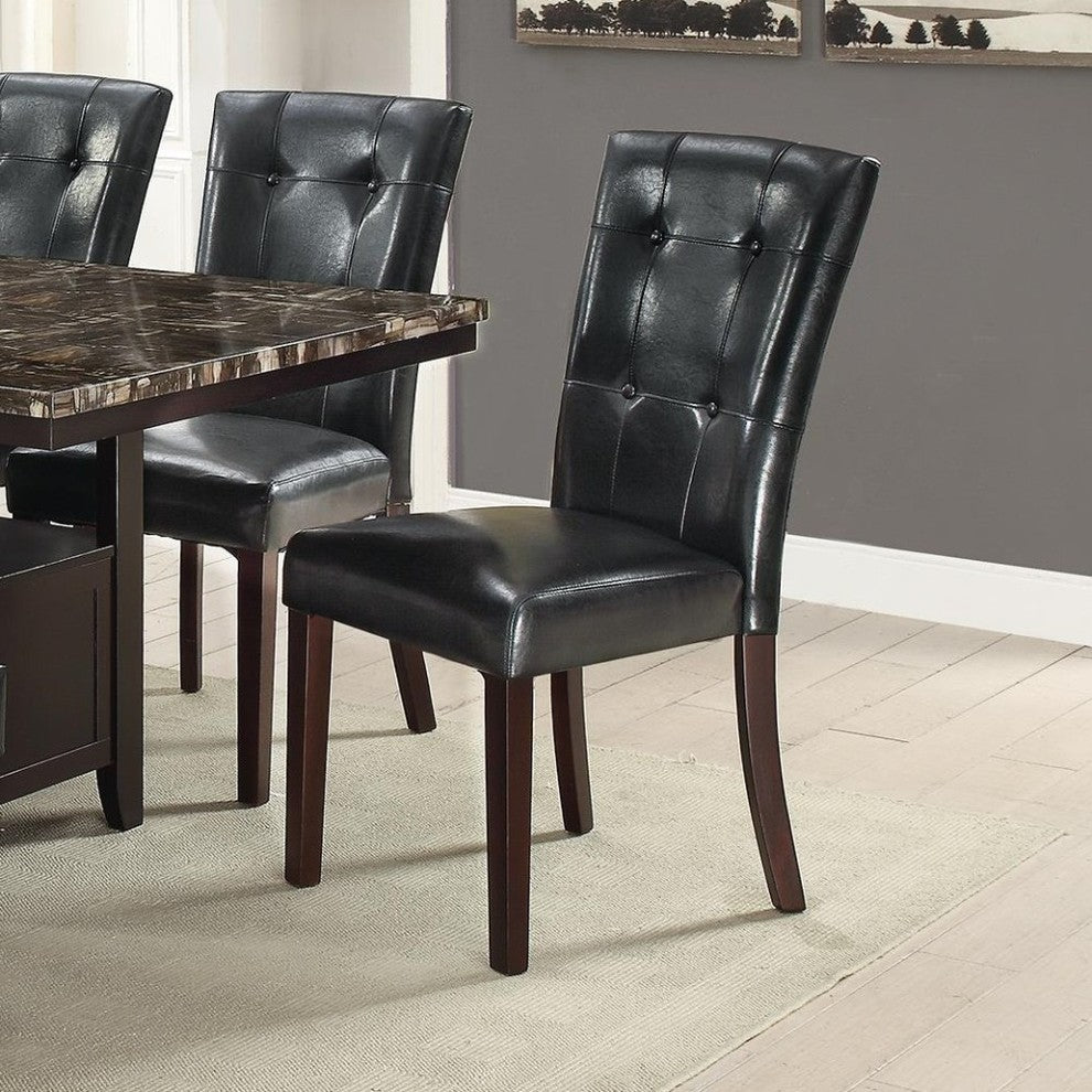 Benzara BM171560 Leather Upholstered Dining Chair Tufted Back Set of 2 Black