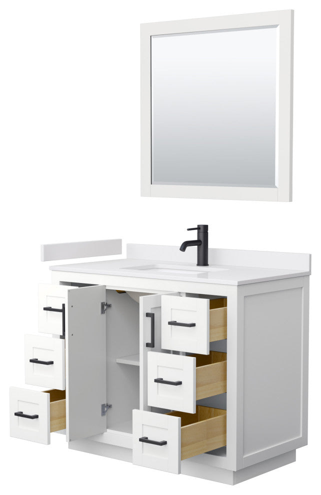 42"SGL Vanity White, White Cult. Marble Countertop, Sink, Black Trim, 34"Mirror