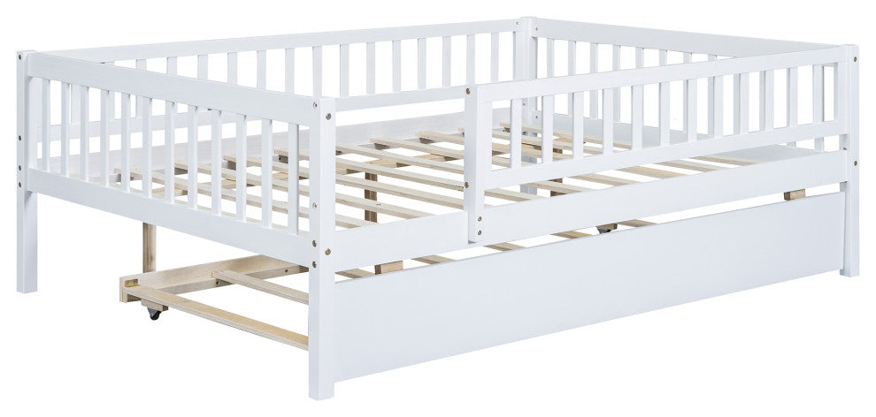 Gewnee Wood Full Size Daybed with Trundle and Fence in White