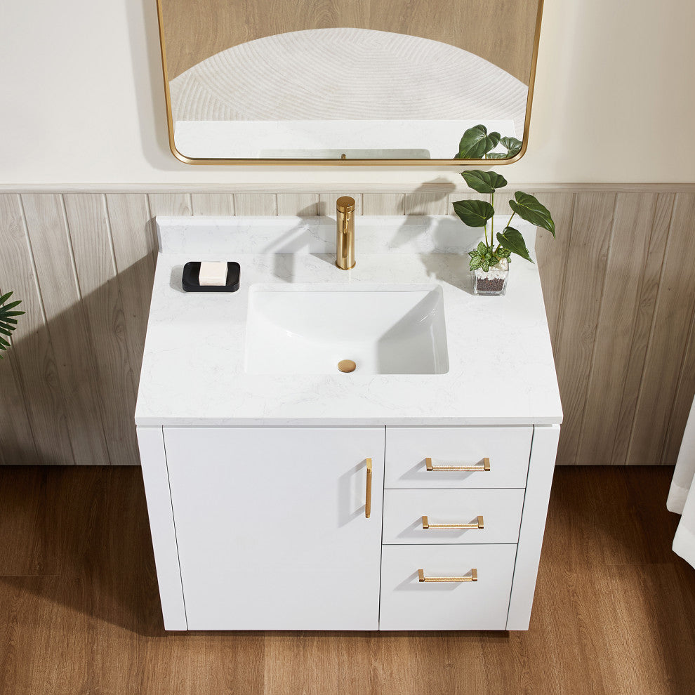 San Bath Vanity with Stone Top, White, 36", Single Vanity, With Mirror