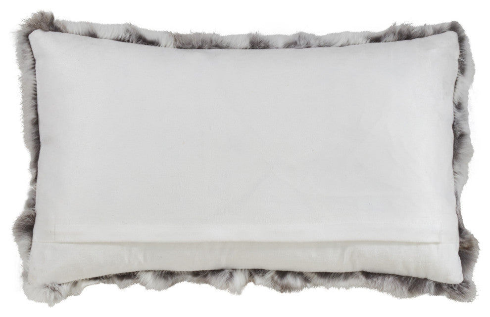 Poly Filled Rabbit Fur Throw Pillow, 12"x20", Grey