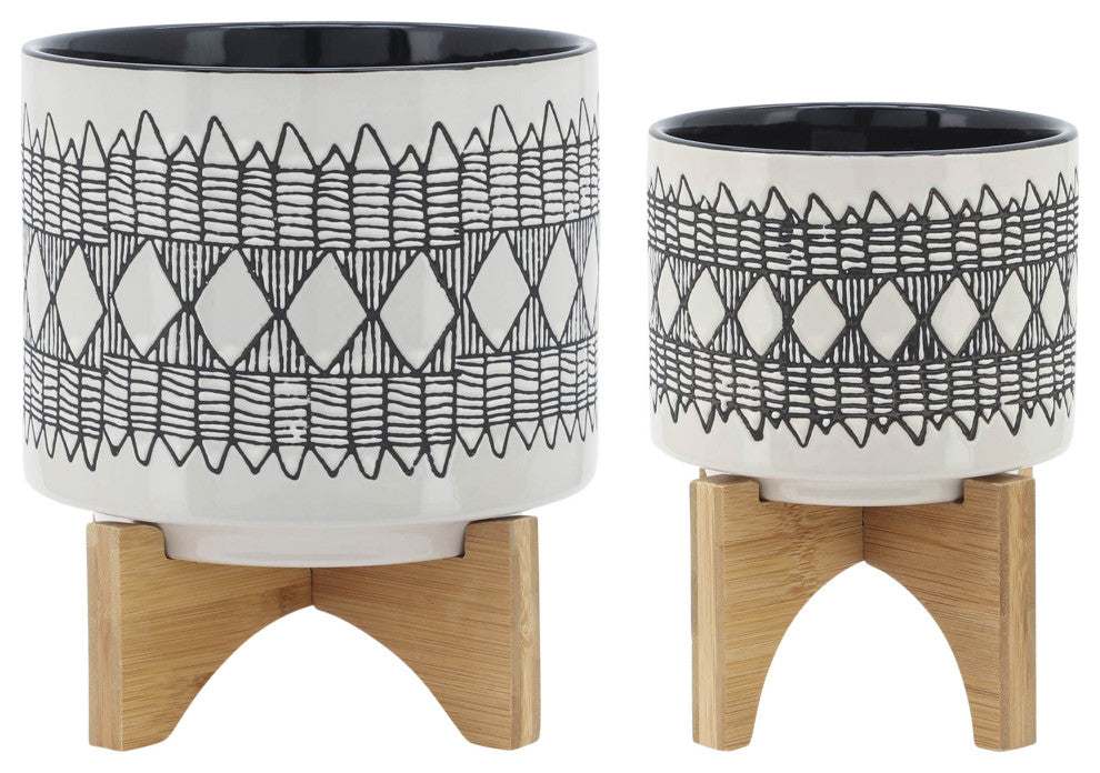 Cer 2-Piece Set Aztec Planter On Wooden Stand, Gray