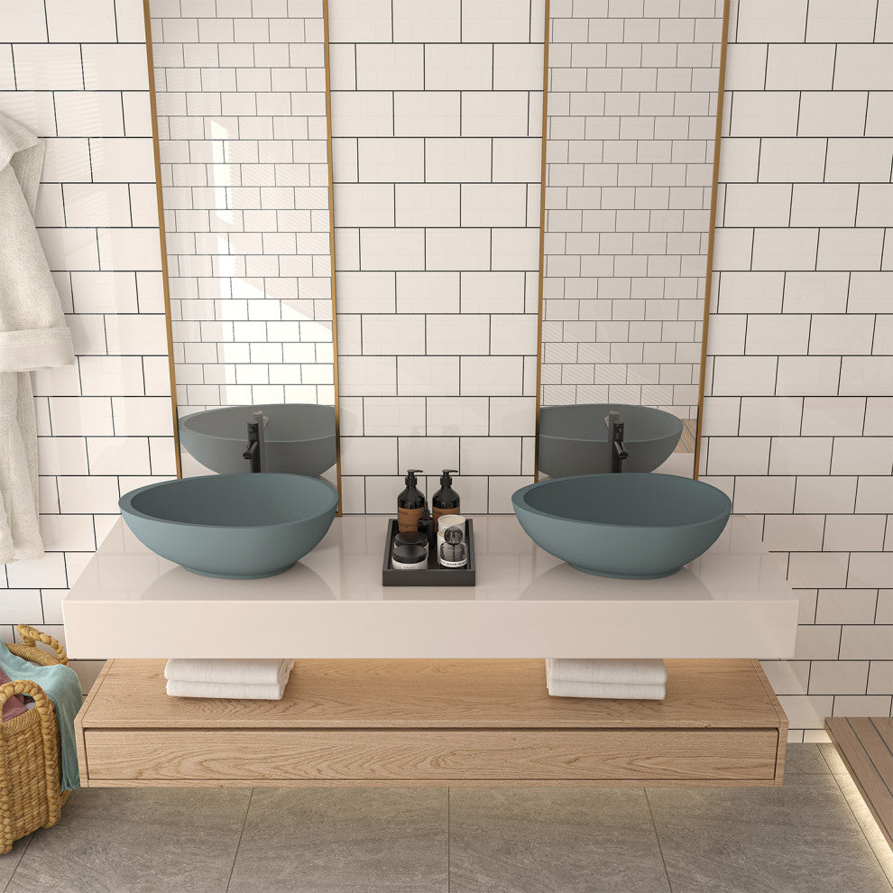 21in Bathroom Egg-shaped Concrete Vessel Sink With Drainer, Blue Ashes