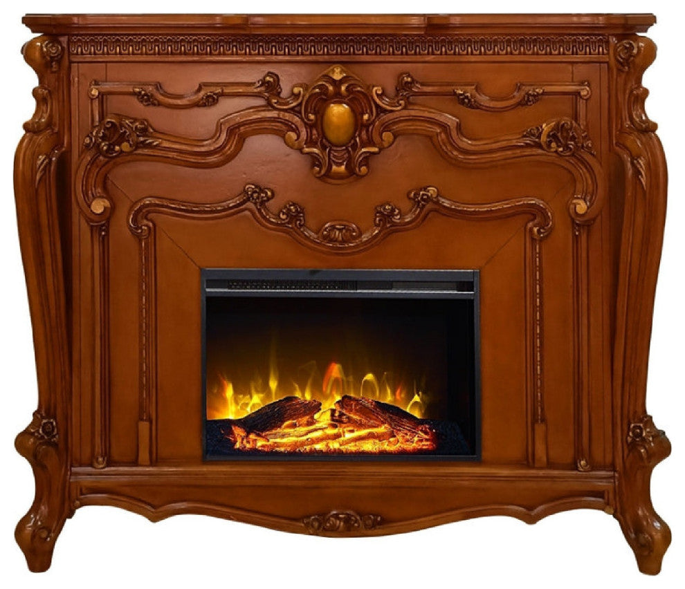 Benzara BM274620 59" Electric Fireplace, Carved Scrolled Legs, Walnut Brown