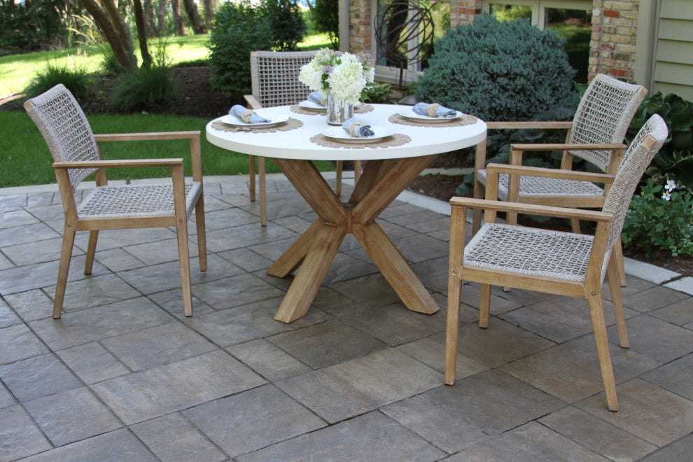 48" Ivory Composite Dining Table With 4 Wheat Rope Chairs