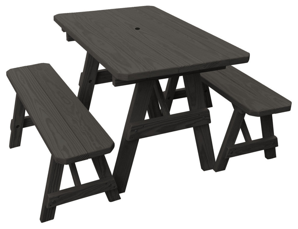 Pressure Treated Pine Picnic Table With 2 Benches, Charcoal Stain, 5 Foot, With Umbrella Hole