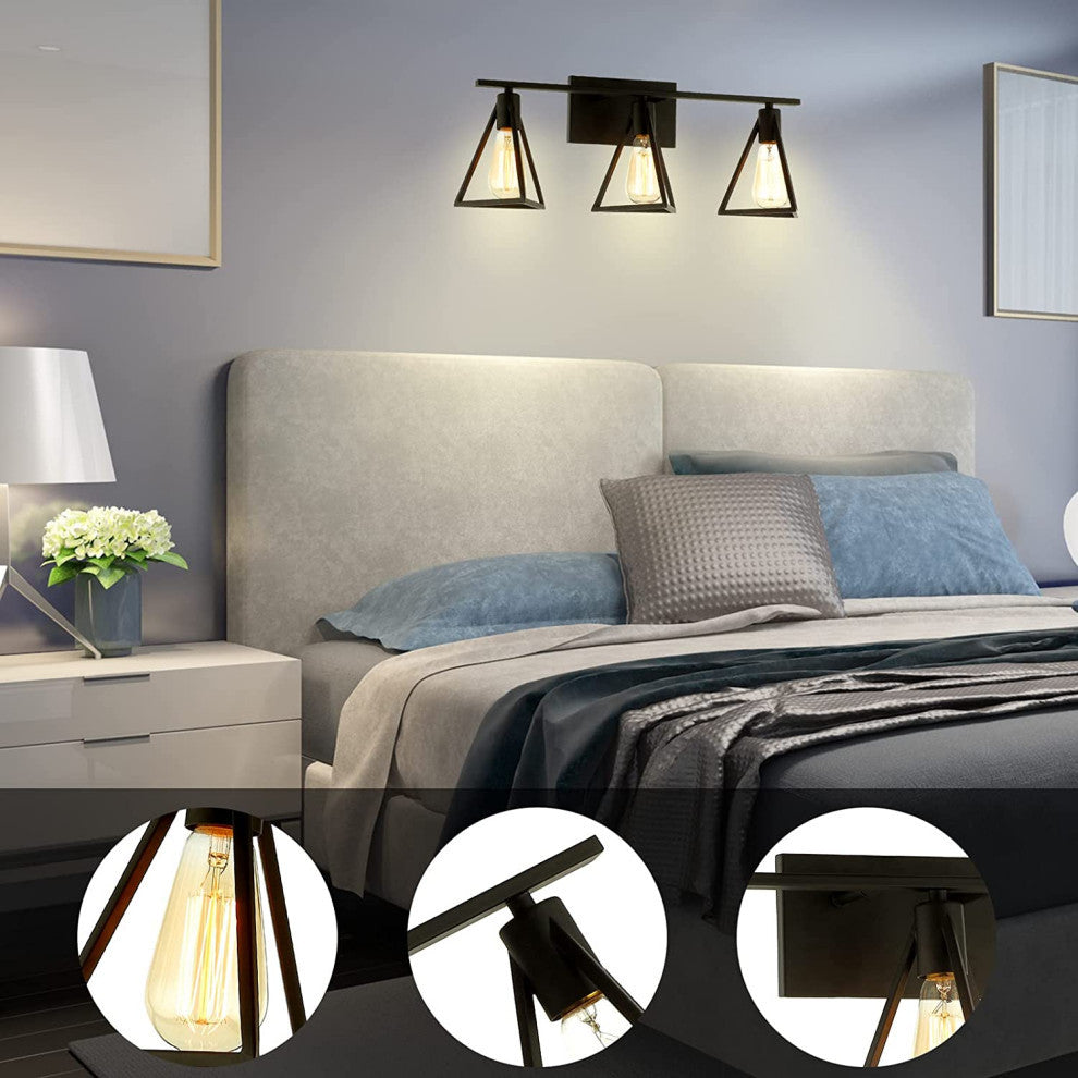 3-Light Bathroom Wall Sconce Lighting Over Mirror Black Triangle Wall Mounted