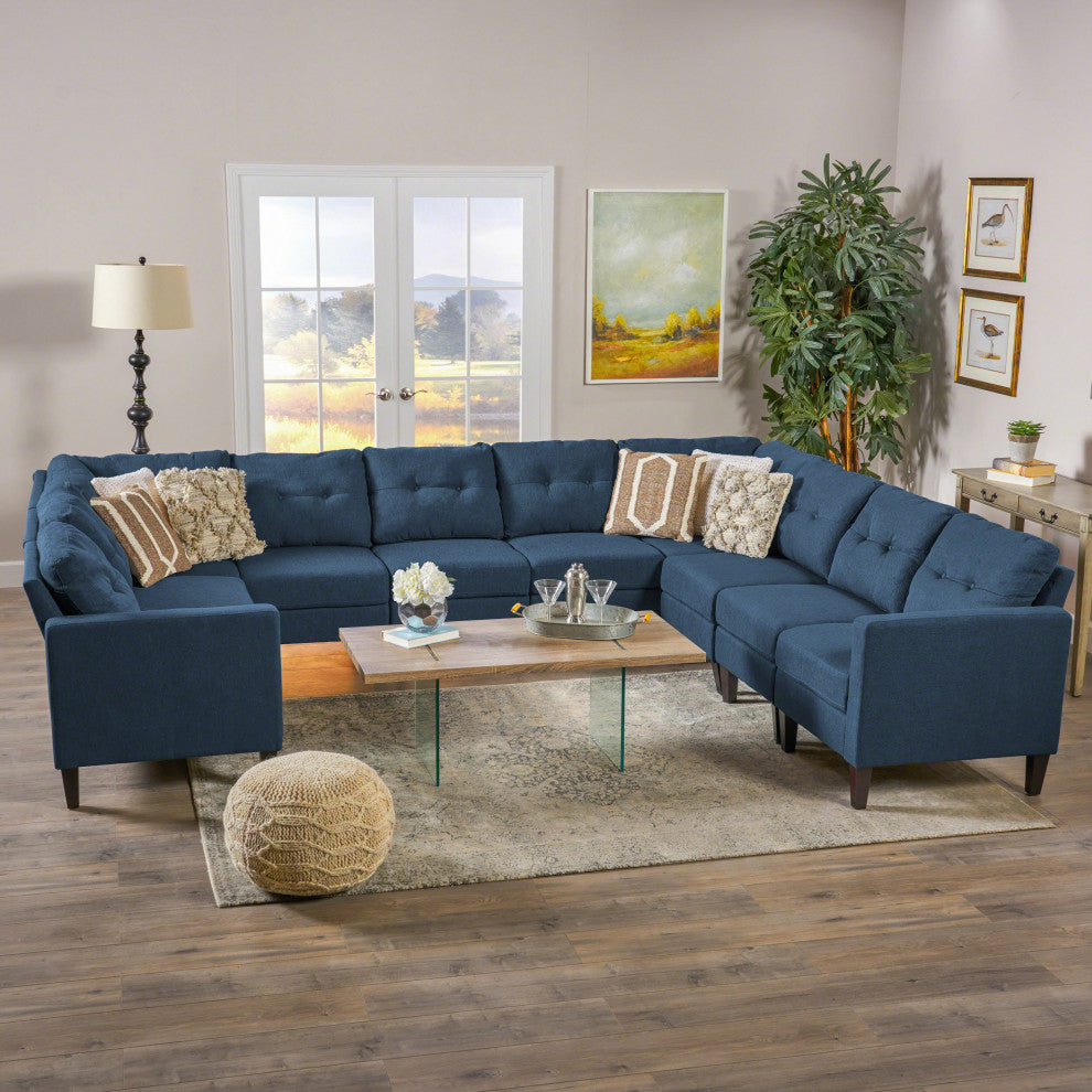 GDF Studio 10-Piece Niya Mid Century Modern Fabric U-Shaped Sectional Sofa, Navy