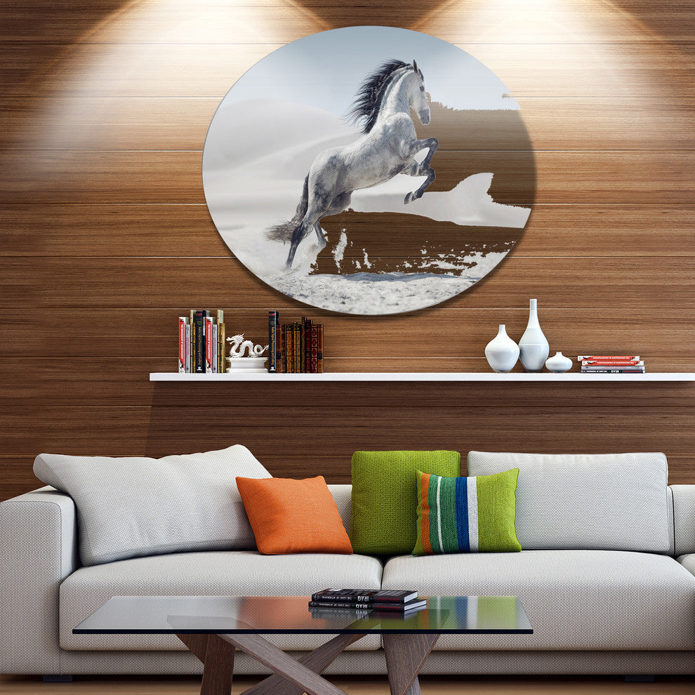 Galloping White Horse, Animal Disc Metal Artwork, 36"